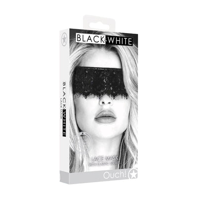 Packaging of Ouch! Black & White lace eye mask featuring a black lace blindfold with elastic straps on a model.