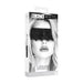 Packaging of Ouch! Black & White lace eye mask featuring a black lace blindfold with elastic straps on a model.