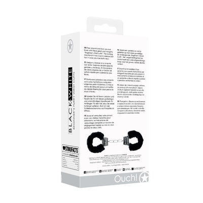Packaging box of Ouch! Black & White Pleasure Furry Handcuffs with product details and multilingual descriptions.