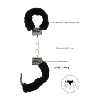 Black and white furry handcuffs with metal chain and lock, featuring quick-release button and keys for secure, comfortable use.