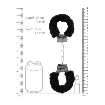 Black and white furry handcuffs with metal chain and quick-release button shown with size measurements and comparison icons.