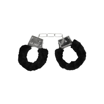 Black furry handcuffs with metal frame and chain, featuring a quick-release button for safe use.