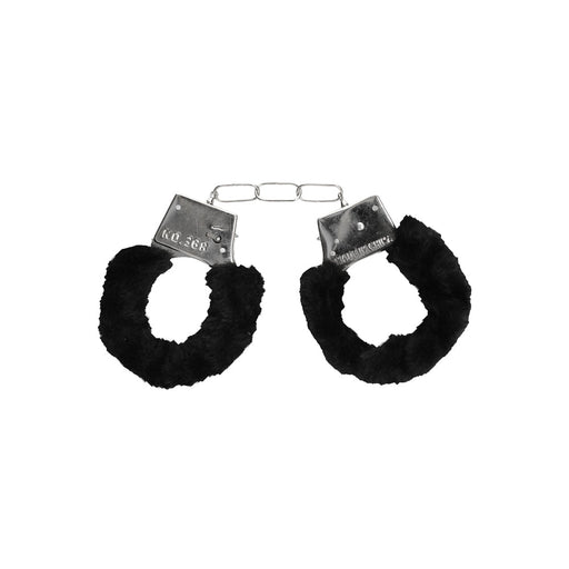 Black furry handcuffs with metal frame and chain, featuring a quick-release button for safe use.