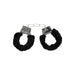 Black furry handcuffs with metal frame and chain, featuring a quick-release button for safe use.