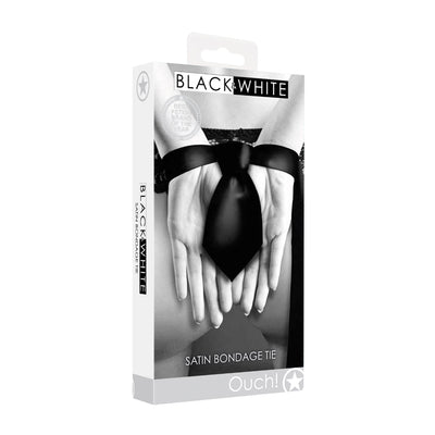 Packaging of Ouch! Black & White Satin Bondage Tie showing hands tied with a black satin tie.