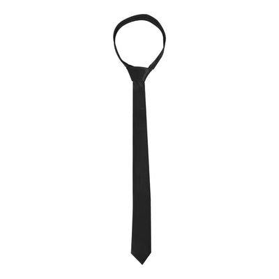 Black satin bondage tie styled like a classic necktie with a loop for adjustable restraint.