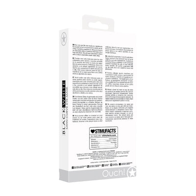 Back view of Ouch! Black & White Satin Curvy Eye Mask packaging with product details and multilingual description.