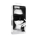 Packaging of Black & White satin curvy eye mask with elastic straps featuring a model wearing the black mask.