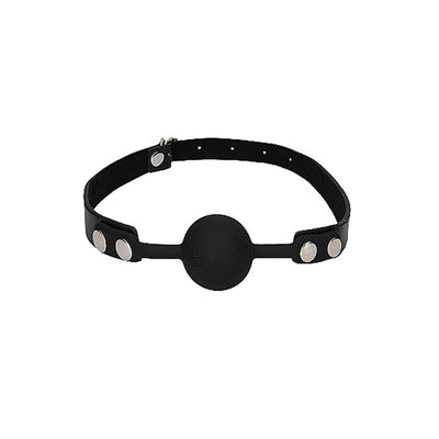 Black silicone ball gag with adjustable black bonded leather straps and silver-tone hardware.