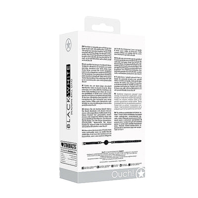 Packaging box of Ouch! Black & White Silicone Ball Gag with adjustable bonded leather straps shown from the back.