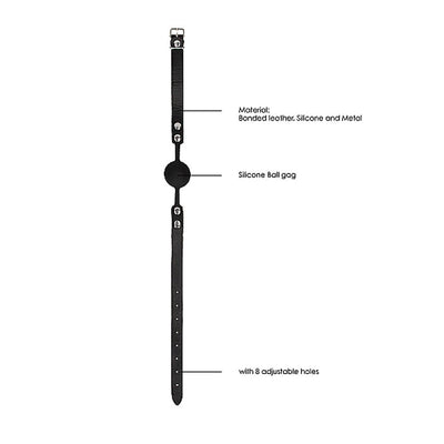 Black and white silicone ball gag with adjustable bonded leather straps and metal buckle, featuring 8 adjustment holes.