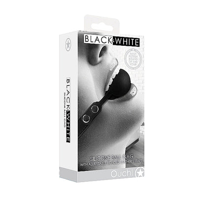 Packaging of Ouch! Black & White silicone ball gag with adjustable bonded leather straps shown on a grayscale close-up image.