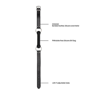 Black and white silicone bit gag with bonded leather adjustable straps and metal buckle, featuring nine adjustment holes.