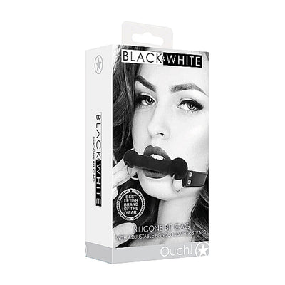 Packaging of Ouch! Black & White silicone bit gag with adjustable bonded leather straps featuring a black and white photo of a woman wearing the gag.