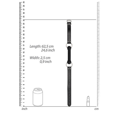 Black and white silicone bit gag with adjustable black bonded leather straps shown with measurement scales.