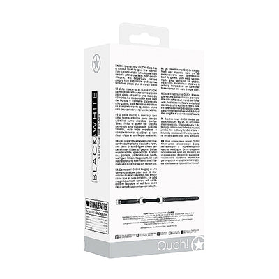 Packaging box for Ouch! Black & White silicone bit gag with adjustable bonded leather straps shown from the back.