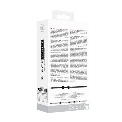 Packaging box of Ouch! Black & White silicone bone gag with adjustable bonded leather straps shown from the back.