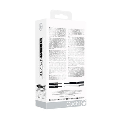Packaging box of Ouch! Black & White Velcro Collar with leash and adjustable wrist cuffs shown from the back with product details.