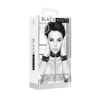 Packaging of Ouch! Black & White adjustable Velcro collar with leash and wrist cuffs featuring a black and white photo of a model wearing the set.