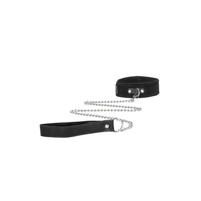 Black velcro collar with attached silver chain leash and black wrist cuff with adjustable straps on white background.