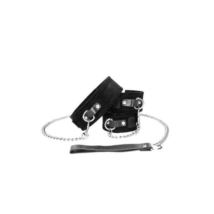 Black and white adjustable Velcro collar with matching wrist cuffs and a metal chain leash on a white background.
