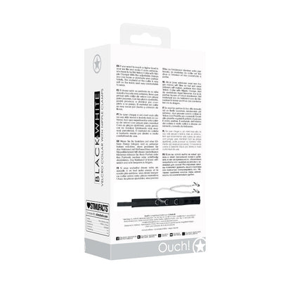 Packaging box of Ouch! Black & White Velcro Collar with adjustable nipple clamps shown with product details and instructions.
