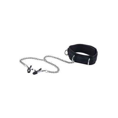 Black adjustable velcro collar with attached metal chain and nipple clamps for sensual play.