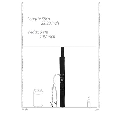 Black adjustable velcro collar with attached metal chain and nipple clamps, shown with size dimensions on white background.