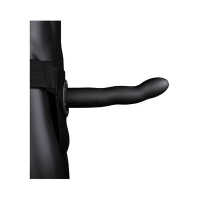 Black curved hollow strap-on attached to adjustable waistband on mannequin torso against white background.