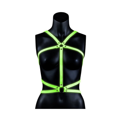 Green glow-in-the-dark adjustable body harness displayed on a black mannequin torso.