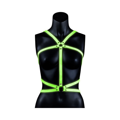 Green glow-in-the-dark adjustable body harness displayed on a black mannequin torso.
