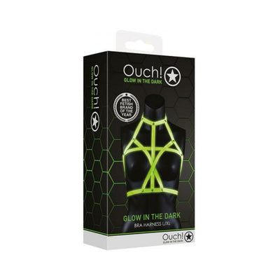 Packaging of Ouch! Glow in the Dark green bra harness displayed on a black mannequin bust.