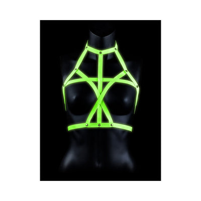 Glow-in-the-dark green bra harness with adjustable straps displayed on a black mannequin bust.