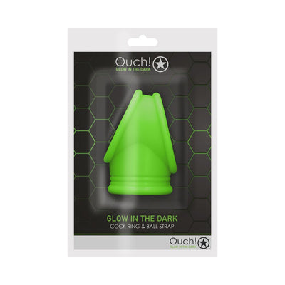 Ouch! Glow in the Dark green silicone cock ring and ball strap in black hexagon-patterned packaging.