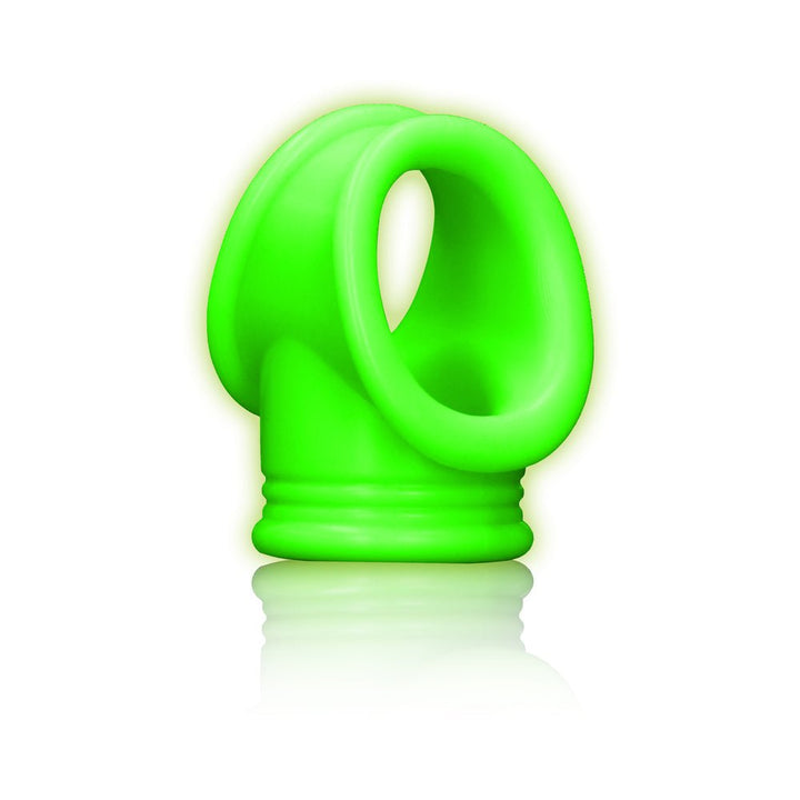 Glow-in-the-dark green silicone cock ring and ball strap with dual ring design and smooth finish.