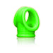 Glow-in-the-dark green silicone cock ring and ball strap with dual ring design and smooth finish.