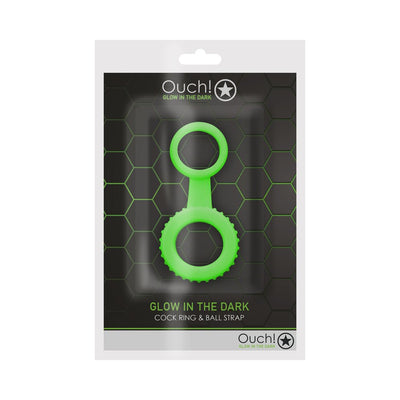 Ouch! Glow in the dark green silicone cock ring and ball strap in black hex pattern packaging.
