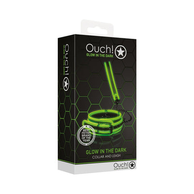 Packaging of Ouch! Glow in the Dark green collar and leash set with hexagonal pattern and product branding.