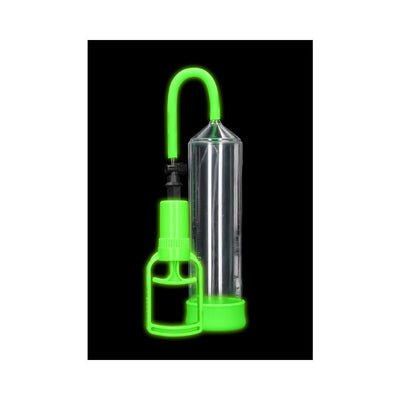 Glow-in-the-dark green comfort beginner pump with clear cylinder and ergonomic trigger grip on black background.