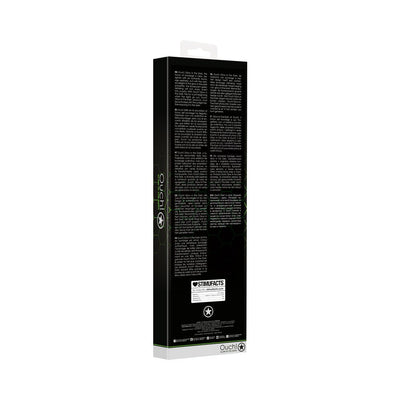 Packaging box for Ouch! Glow Flogger in green with product details and branding on a black background