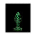 Clear glass butt plug with glowing green speckles, illuminated against a black background.