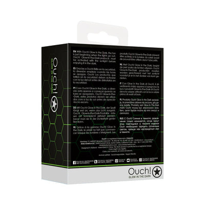 Ouch! Glow in the Dark product packaging with multilingual usage instructions and branding details.