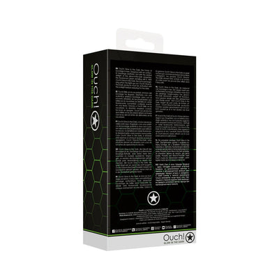 Packaging box of Ouch! Glow in the Dark green handcuffs with product information and branding on a black and green honeycomb design background.