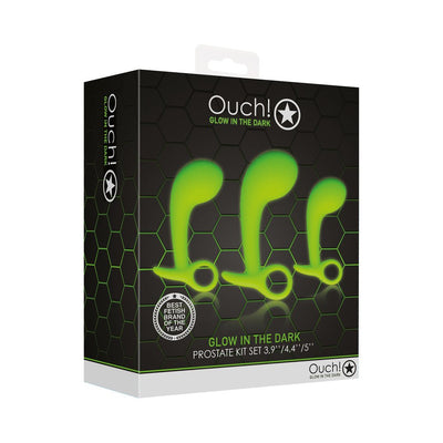 Ouch! Glow in the Dark prostate kit set of three green silicone plugs in varying sizes with hexagonal black and green packaging.