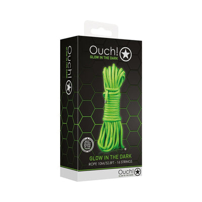 Ouch! Glow in the Dark green bondage rope, 10 meters, 16 strings, packaged in black box with hexagonal pattern.