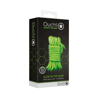 Ouch! Glow in the Dark green bondage rope 5 meters, 16 strings, packaged in black hex pattern box with product branding.