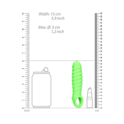 Green glow-in-the-dark stretchy penis sleeve with swirl texture, shown next to size comparison graphics and rulers.