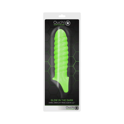 Glow-in-the-dark green swirl textured stretchy penis sleeve in black and white retail packaging.