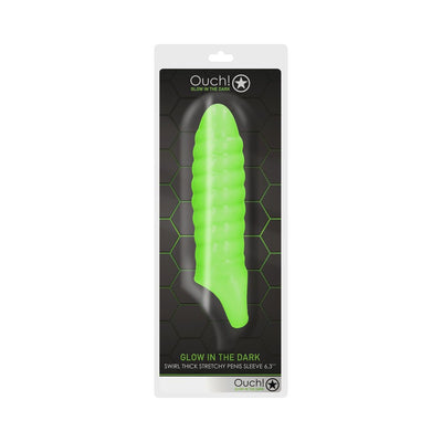 Glow in the dark green thick stretchy penis sleeve in retail packaging with swirl texture.