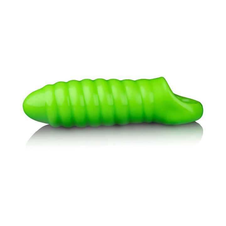 Green thick stretchy penis sleeve with ribbed swirl texture and glow-in-the-dark feature, designed for comfort and stimulation.